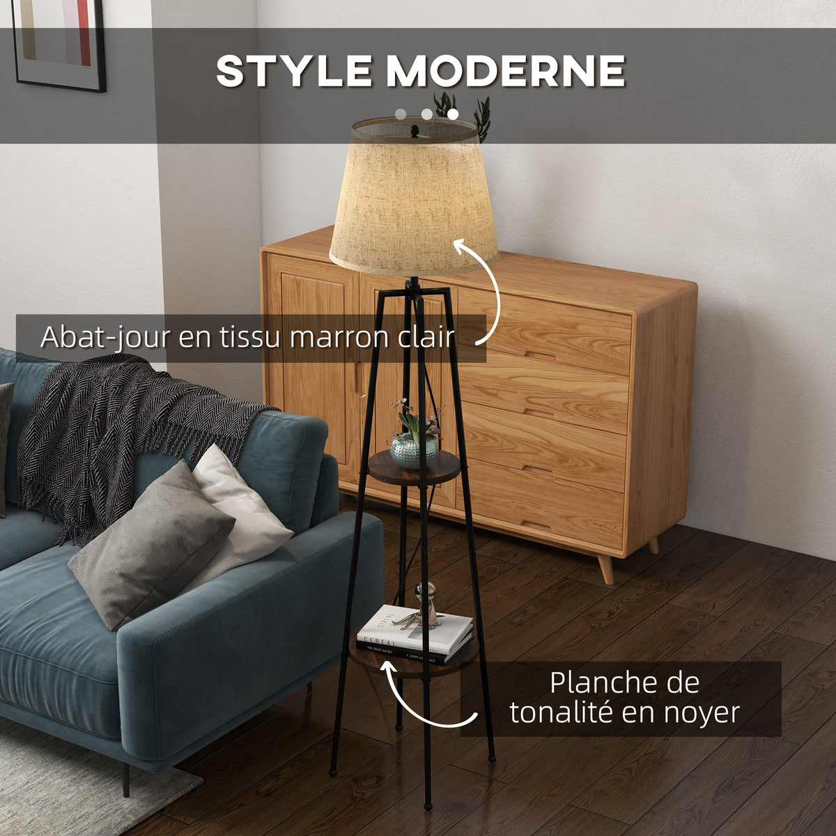 Lampadaire 2 étagères de rangement douille E27 40 W interrupteur à tirette abat-jour tissu 42 x 42 x 166 cm noir marron-3