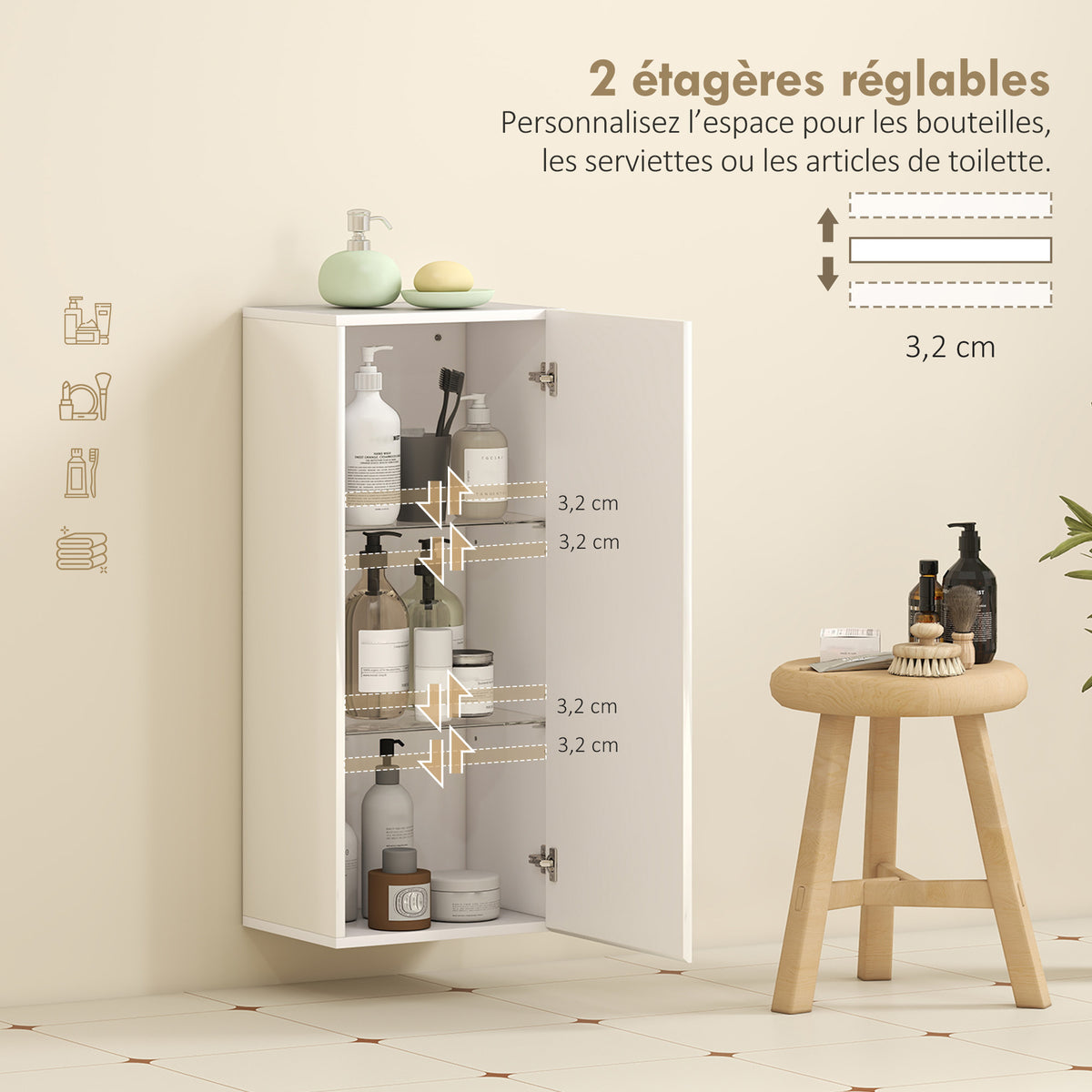 Meuble Mural de Salle de Bain, Étagère Réglable en Verre Trempé, Porte sans Poignée, Moderne, 30x23,4x71,2cm, Blanc-3