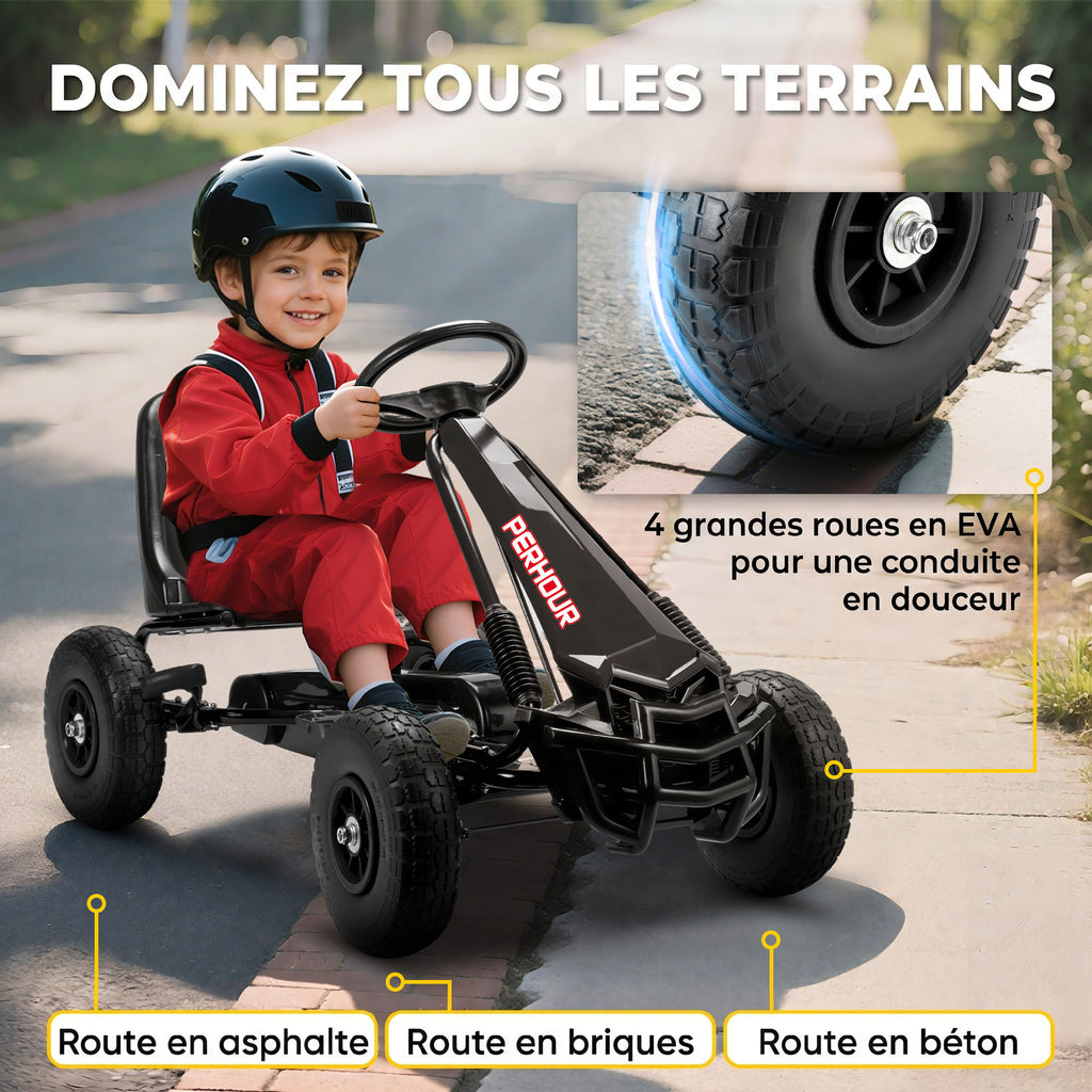 Kart à pédales Go-Kart pour enfants siège réglable pneus EVA embrayage manuel et frein 110 x 61 x 62 cm noir-5