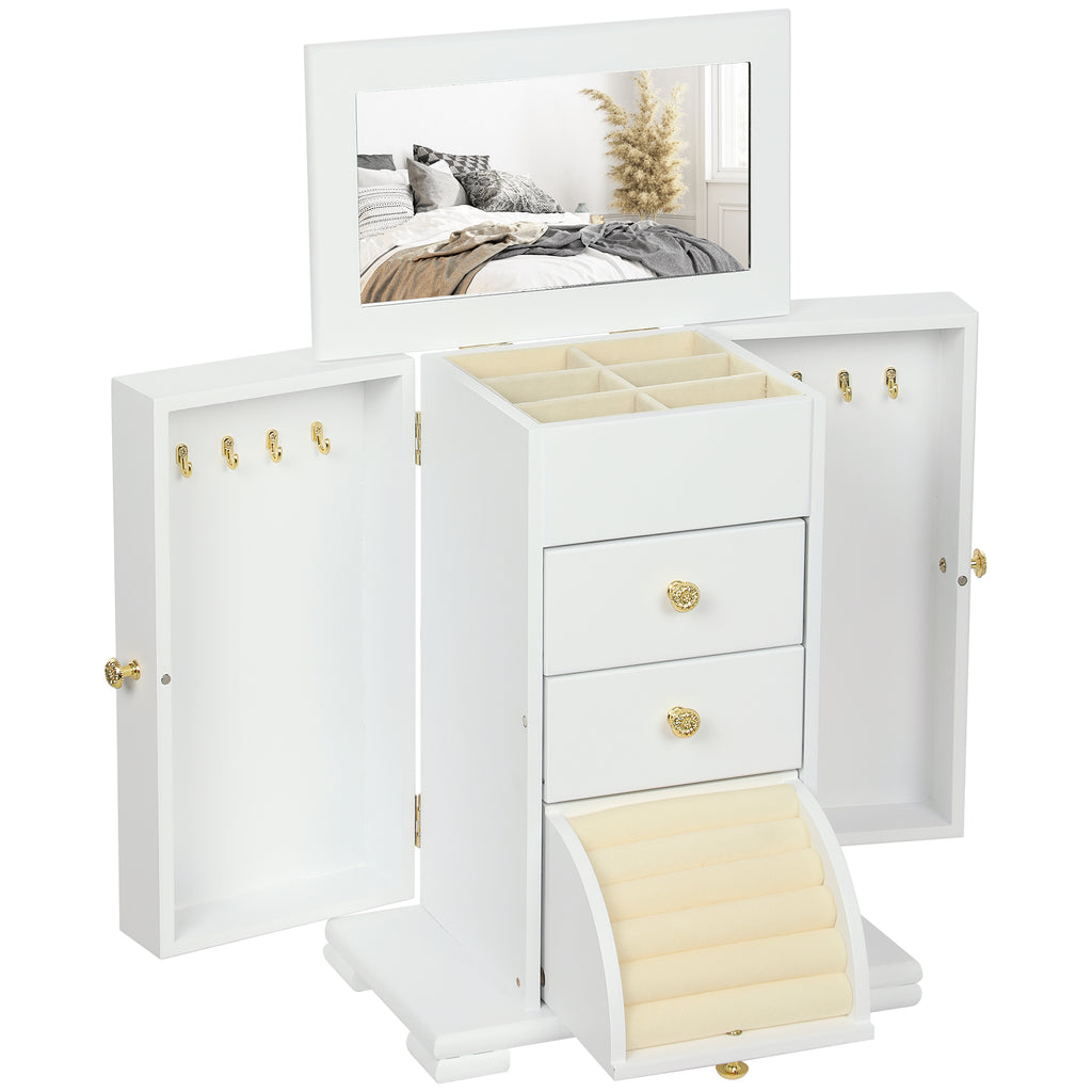 Boîte à Bijoux Femme à 4 Niveaux, Coffre à Bijoux en Bois avec Ailes, Miroir et 2 Tiroirs, 26,5x16 x33,5 cm, Blanc-0