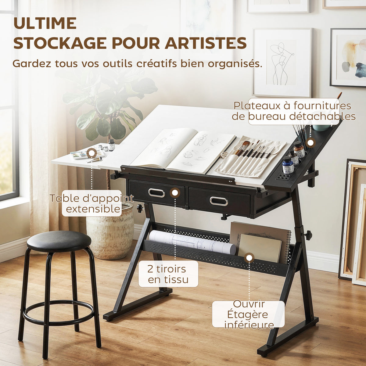 Table à dessin avec tabouret et 2 tiroirs, hauteur réglable, plateau inclinable 0° à 60°, 120 x 60 x 68-92 cm, blanc-4