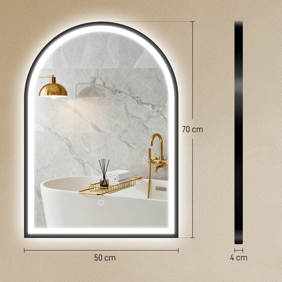 Miroir salle de bain avec éclairage 50 x 70 cm, miroir LED arqué, anti-buée, 3 couleurs lumière, dimmable, mémoire, noir-2