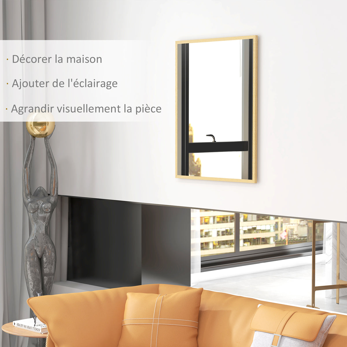 Miroir mural rectangulaire 90 x 70 cm, cadre en bois, idéal pour la salle de bain, salon ou chambre, naturel-3