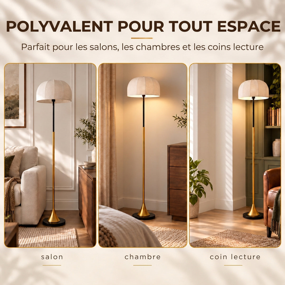 Lampadaire sur Pied Salon 40W avec Abat-Jour en Forme de Dôme, Interrupteur à Pédale, 158 cm, Doré et Blanc-6