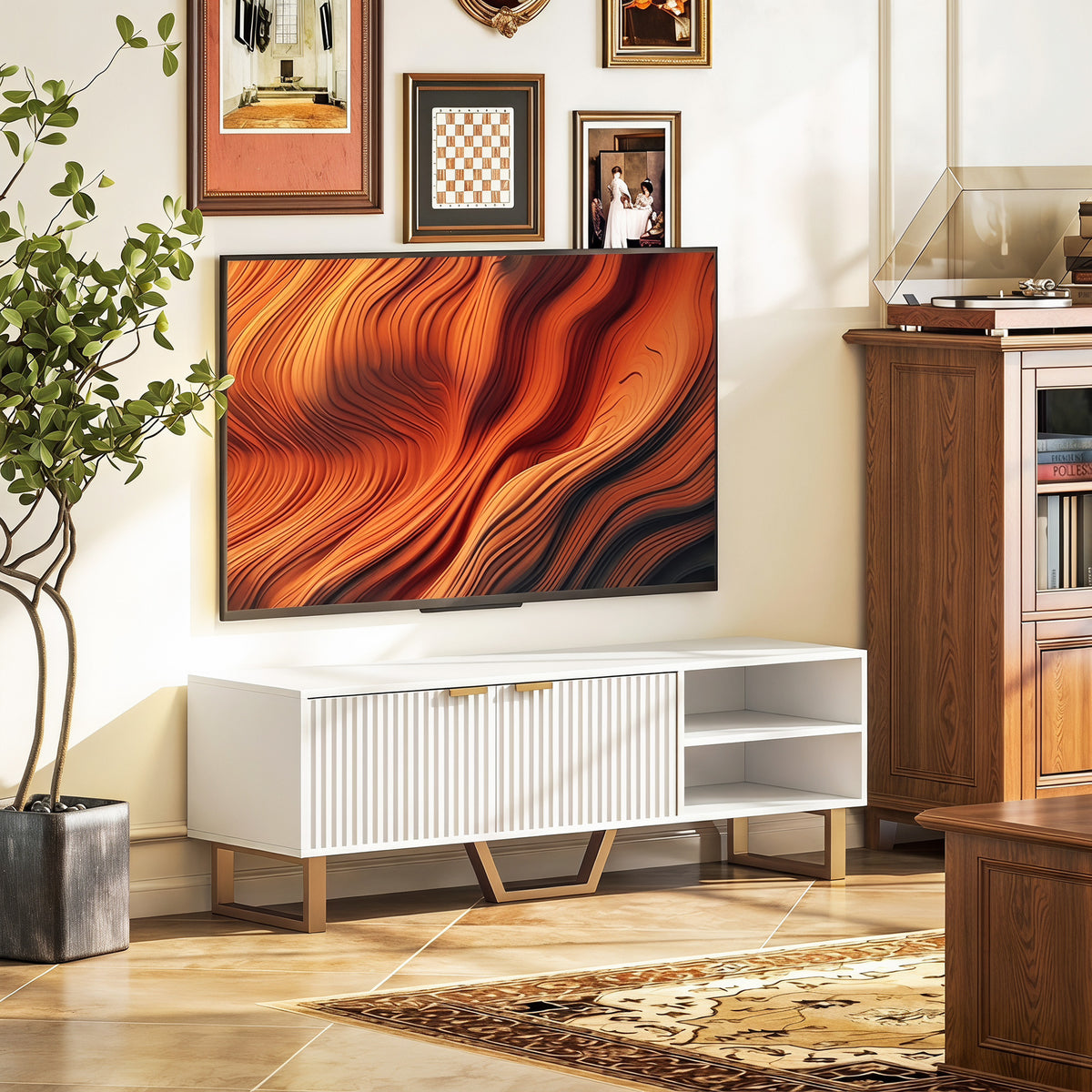 Meuble TV banc TV pour téléviseur jusqu'à 70 pouces - placard à 2 portes cannelées, compartiment ouvert et passe-câbles-1