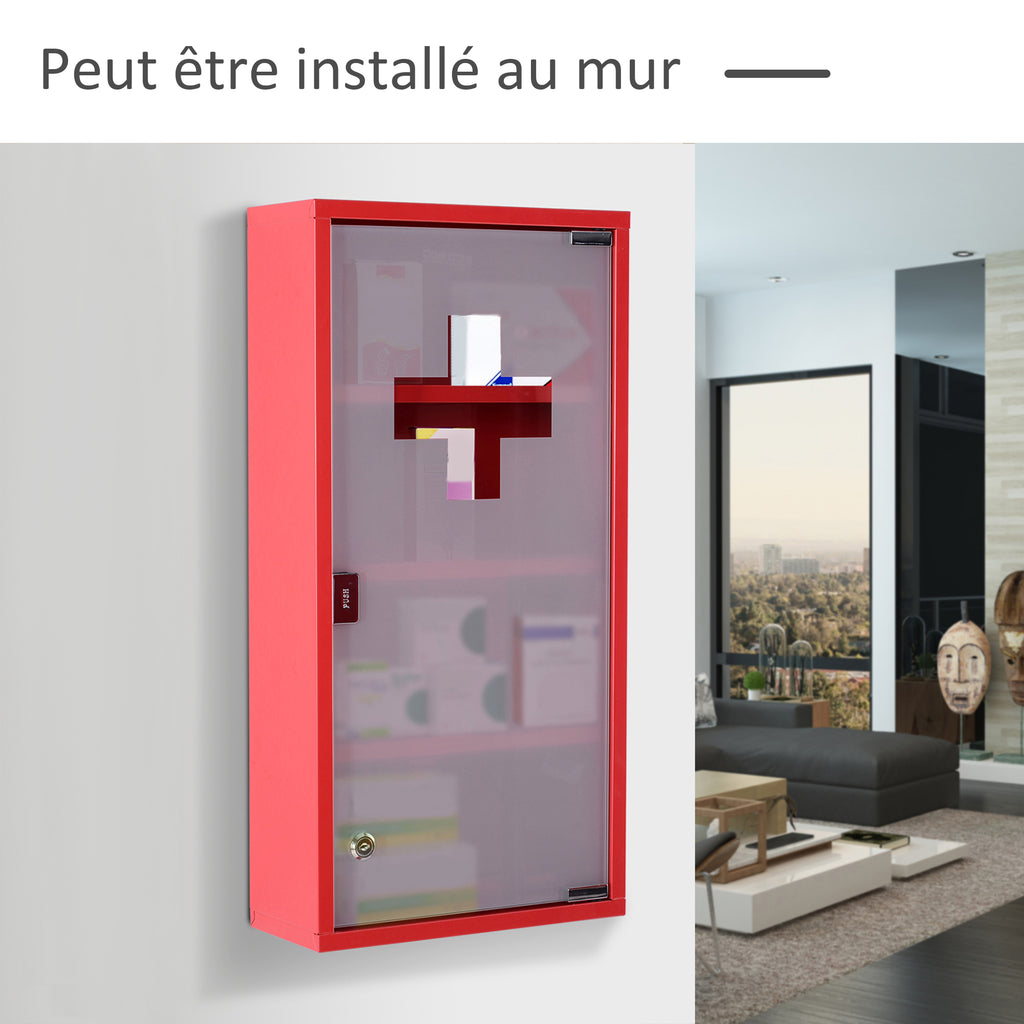 Armoire à Pharmacie 3 étagères 4 Niveaux verrouillable Porte Verre trempé dépoli Logo Croix 30L x 12l x 60H cm Acier Rouge-6