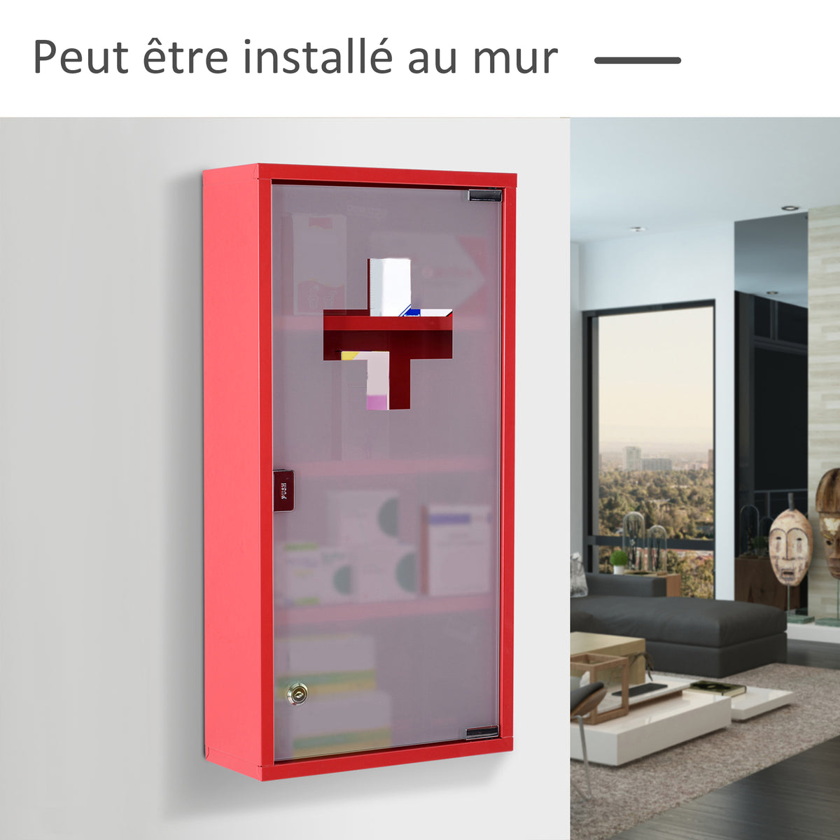 Armoire à Pharmacie 3 étagères 4 Niveaux verrouillable Porte Verre trempé dépoli Logo Croix 30L x 12l x 60H cm Acier Rouge-6