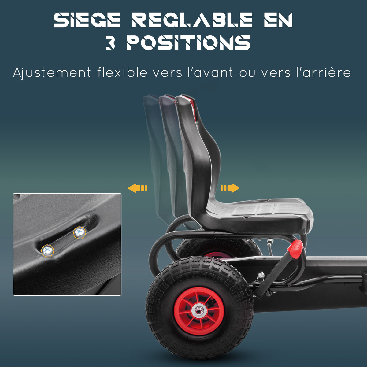 Kart à pédales pour enfant siège réglable 3 positions frein à main enfant de 5 à 12 ans rouge noir-3
