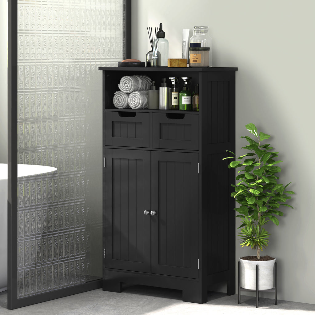 Meuble Bas de Salle de Bain Multi-rangements Grande Niche 2 tiroirs Placard Double Porte avec étagère Noir-1