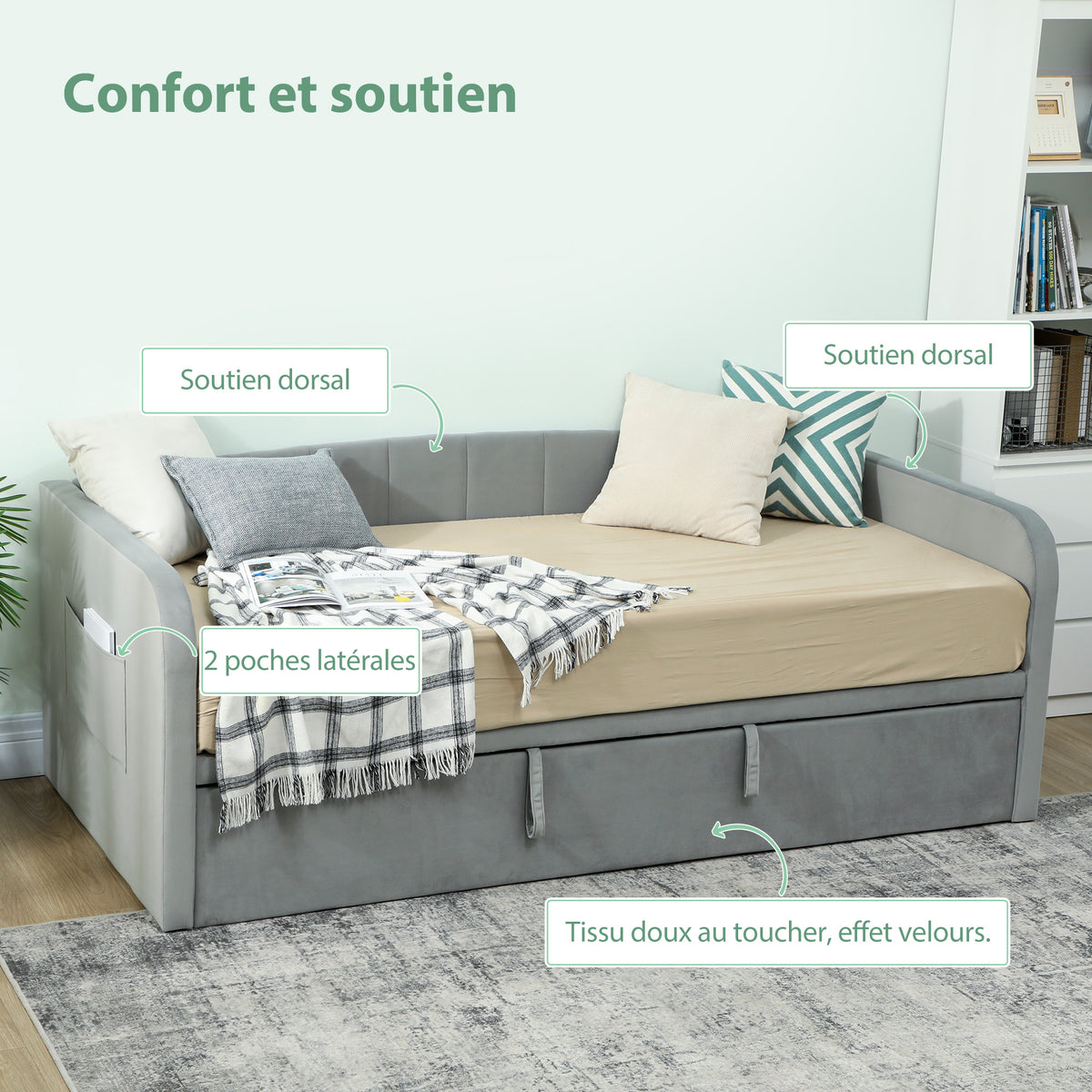 Lit Gigogne 90/180x190 cm, Canapé Lit Convertible 3 Places, Sommier à Lattes en Bois, Tête Rembourrée en Velours, Gris-5
