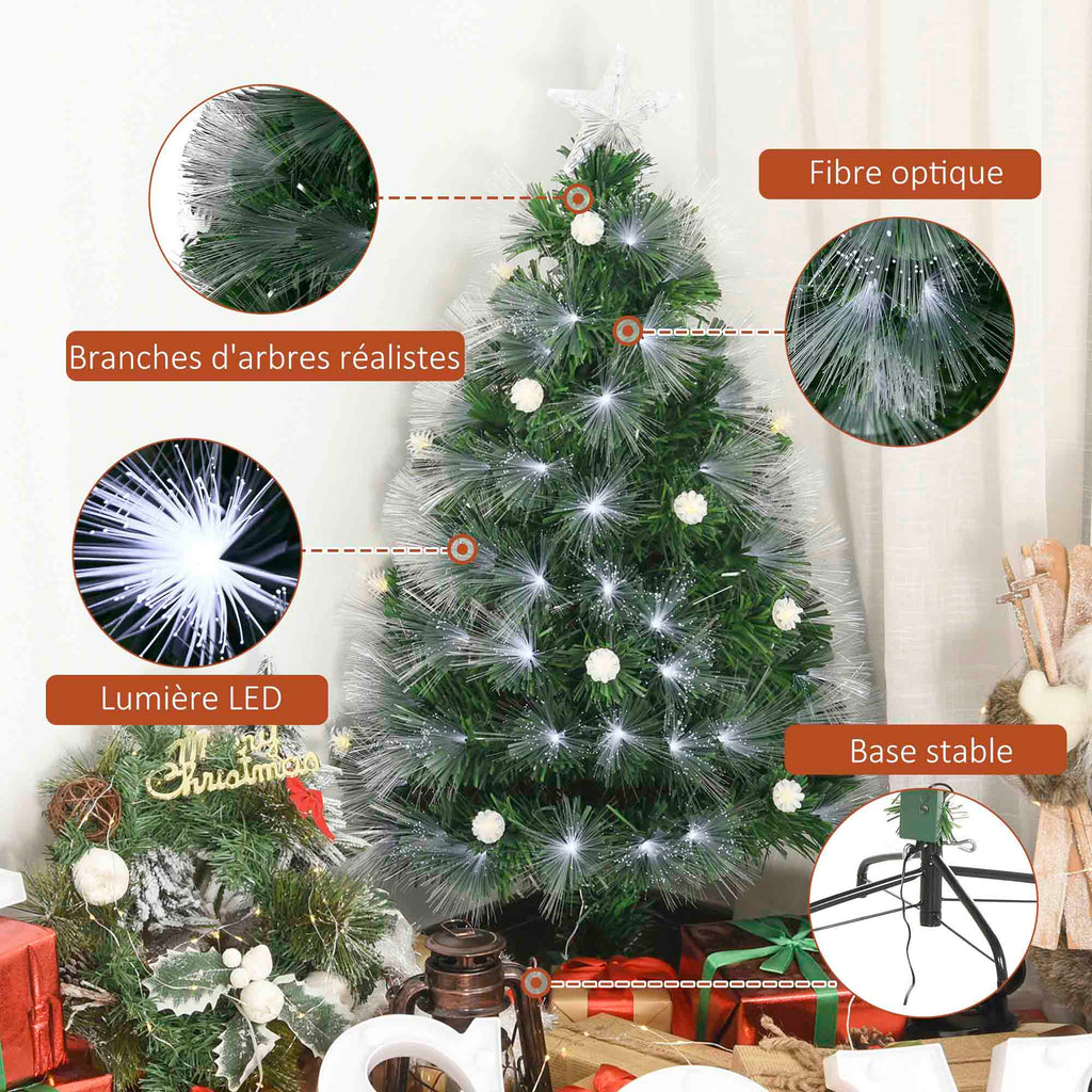 Sapin Noël Artificiel Lumineux 120H cm Fibre Optique LED + 20 Ampoules + Support Pied 130 Sommet Brillante Vert-4