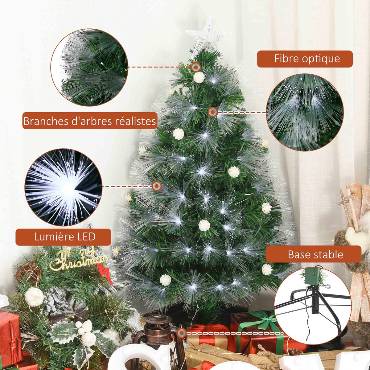 Sapin Noël Artificiel Lumineux 120H cm Fibre Optique LED + 20 Ampoules + Support Pied 130 Sommet Brillante Vert-4