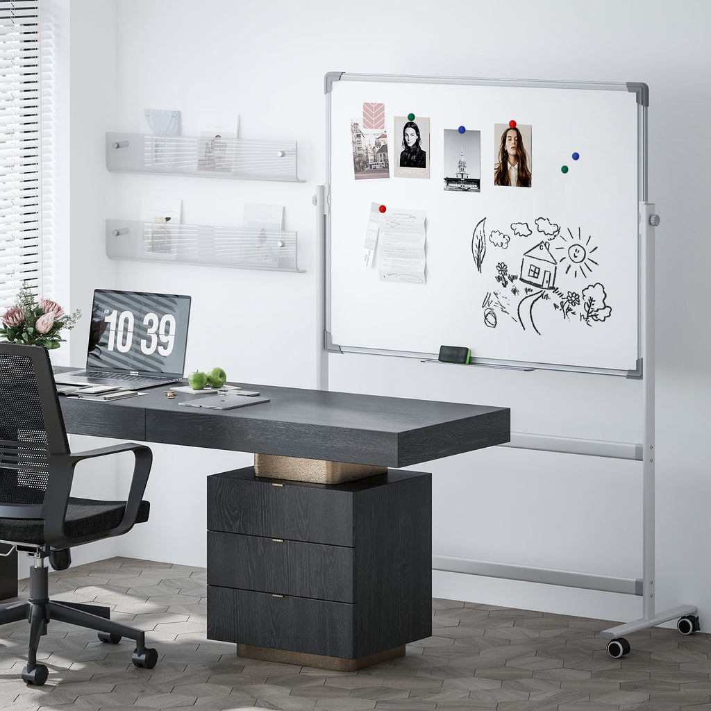 Tableau blanc magnétique double face effacable rotatif mobile avec support, aimants, marqueurs, gomme et roulettes-1