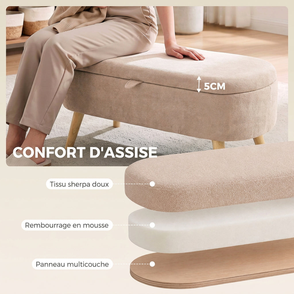 Banc Coffre de Rangement en Sherpa Moderne pour Bout de Lit avec Pieds en Bois 95cm Beige-4