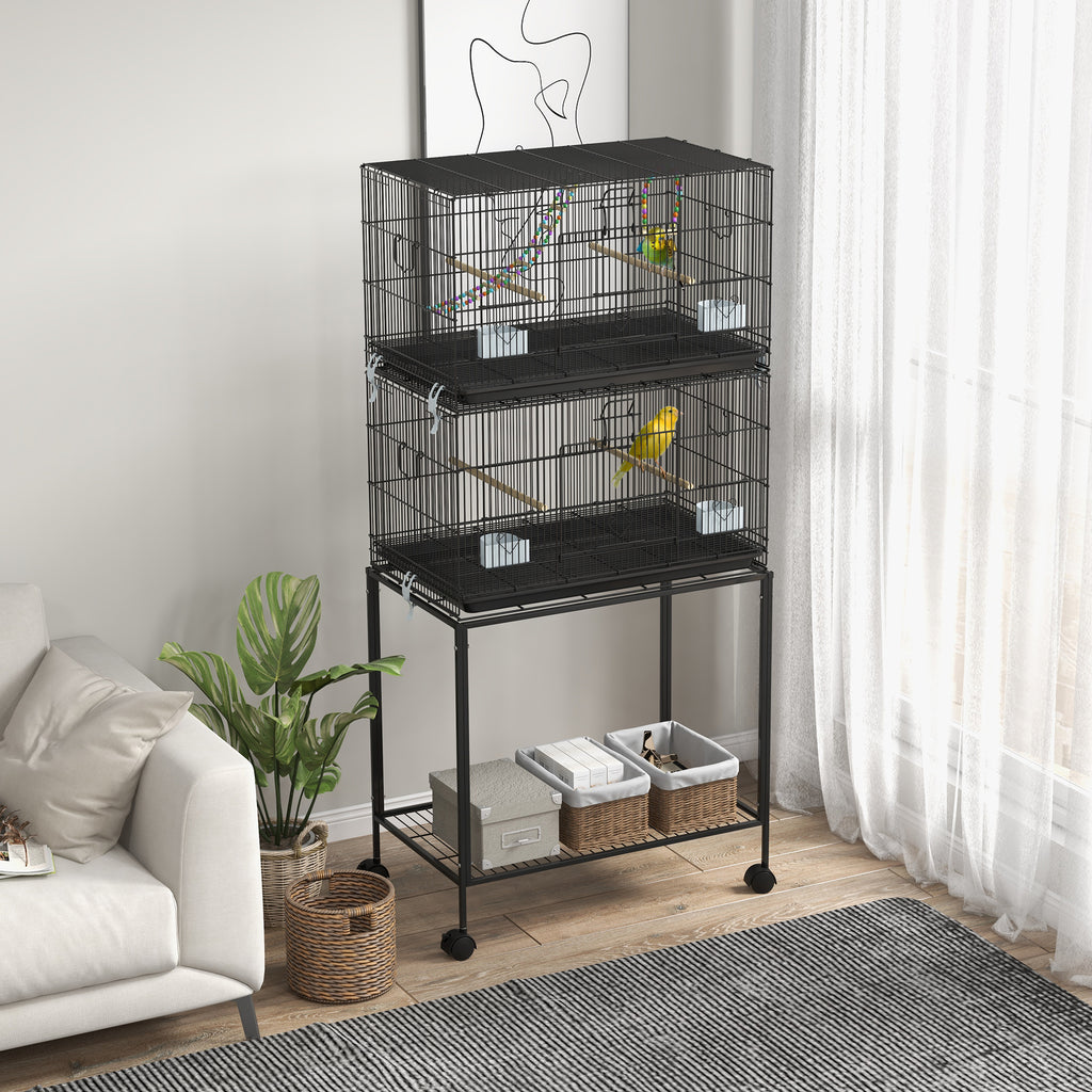 Cage à oiseaux sur pied volière double avec mangeoires perchoirs plateau amovible étagère poignée et roulettes noir-1