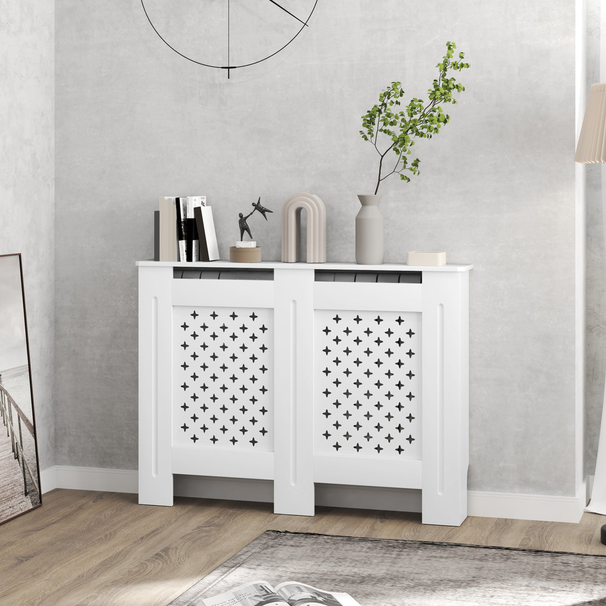 Couvercle de radiateur cache radiateur grille croisée pour salon chambre à coucher en bois 112l x 19P x 81,5H cm blanc-1