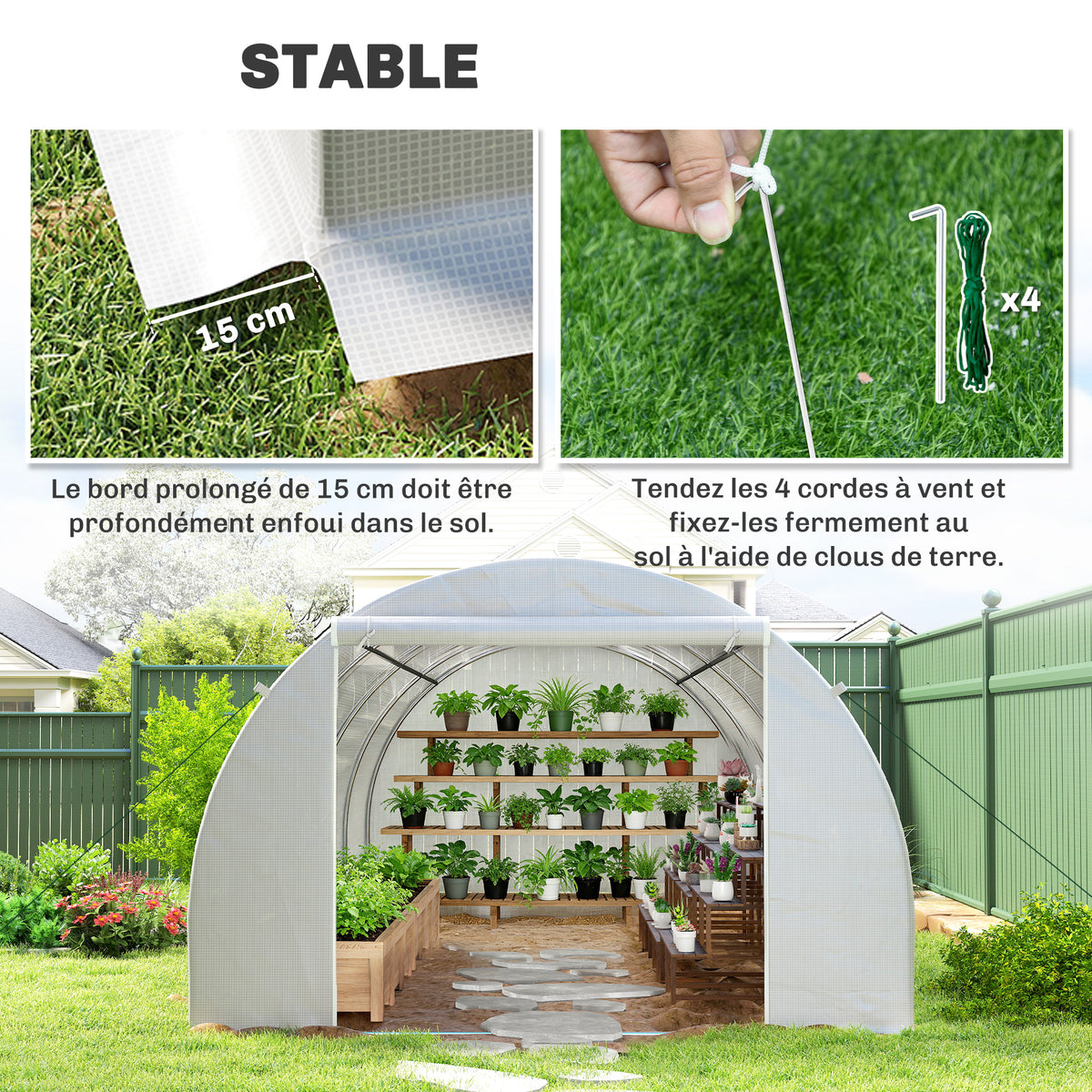 Serre de Jardin Tunnel Surface Sol 18 m² 6L x 3l x 2H m châssis Tubulaire renforcé 24 mm 8 fenêtres Blanc-4