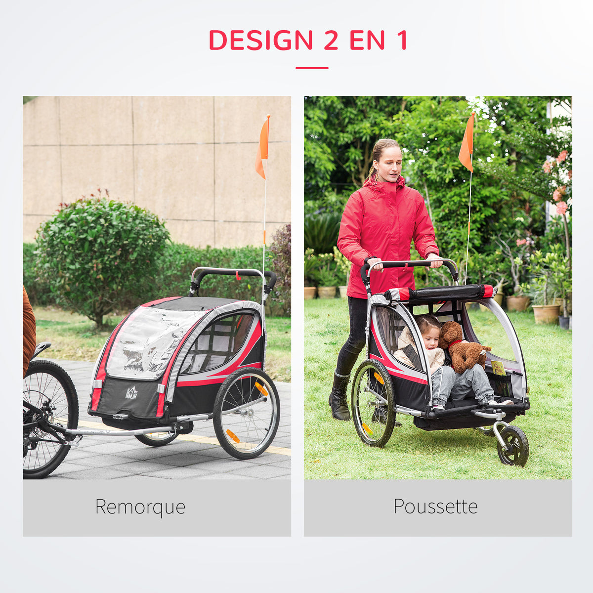 Remorque vélo pour enfant 2 en 1 convertible jogger poussette capacité 26,4 kg avec réflecteurs et drapeau - 2 places  - rouge-3