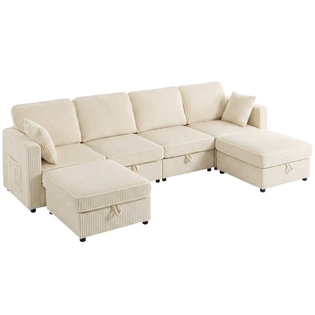 Canapé 4 Places avec 2 Poufs de Rangement, Canapé d'Angle Modulable en U 306 cm en Velours Côtelé, 4 Coussins, Crème-0