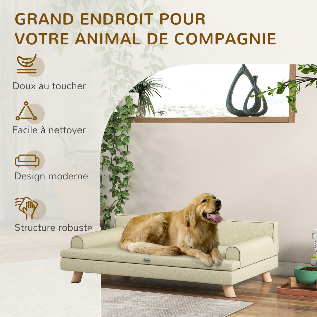 Canapé pour chien chat design scandinave coussin moelleux amovible pieds bois massif 100 x 62 x 32 cm beige-6