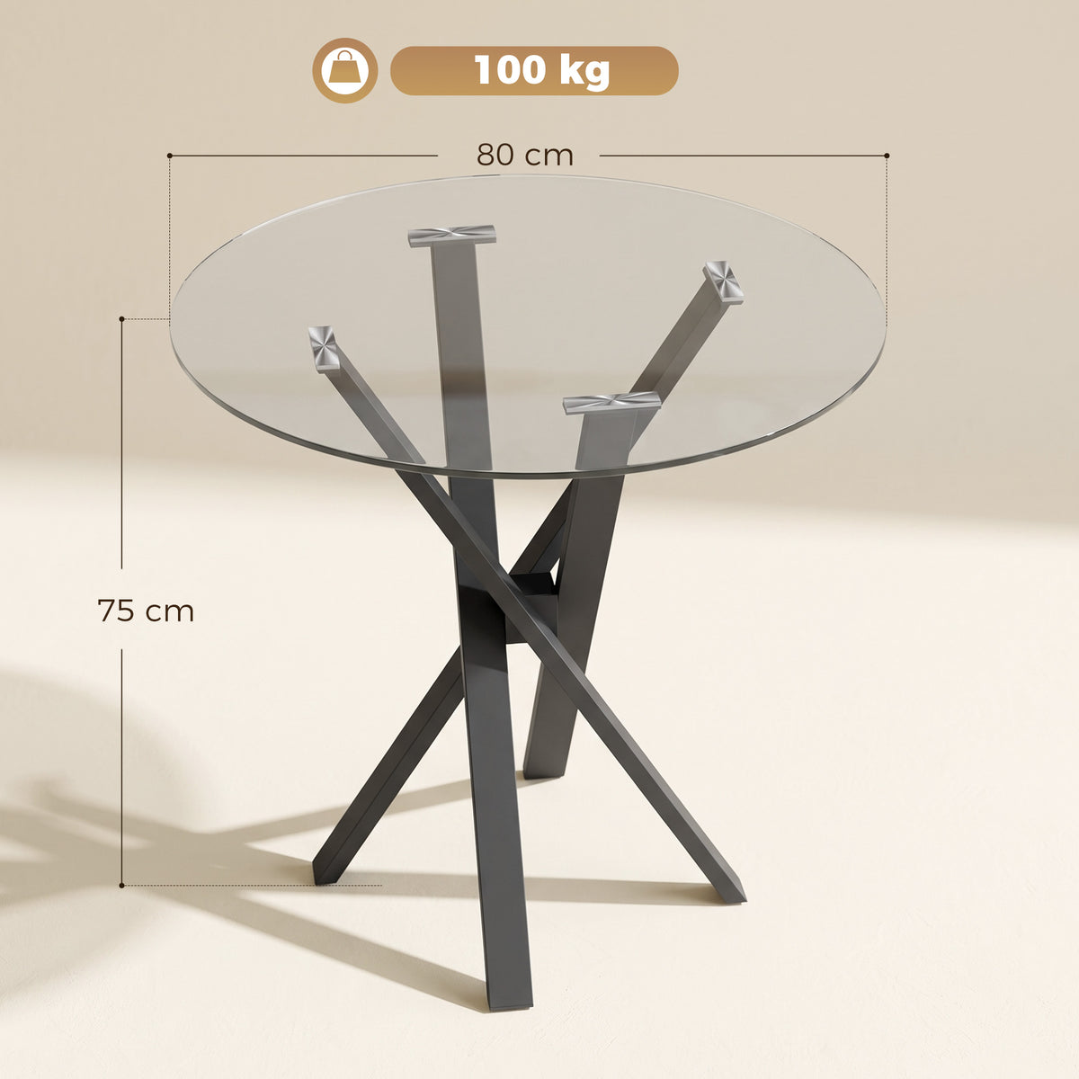 Table à Manger Ronde pour 4 Personnes, Ø 80 x 75 cm, Table de Cuisine, Plateau en Verre Trempé, Transparent-2