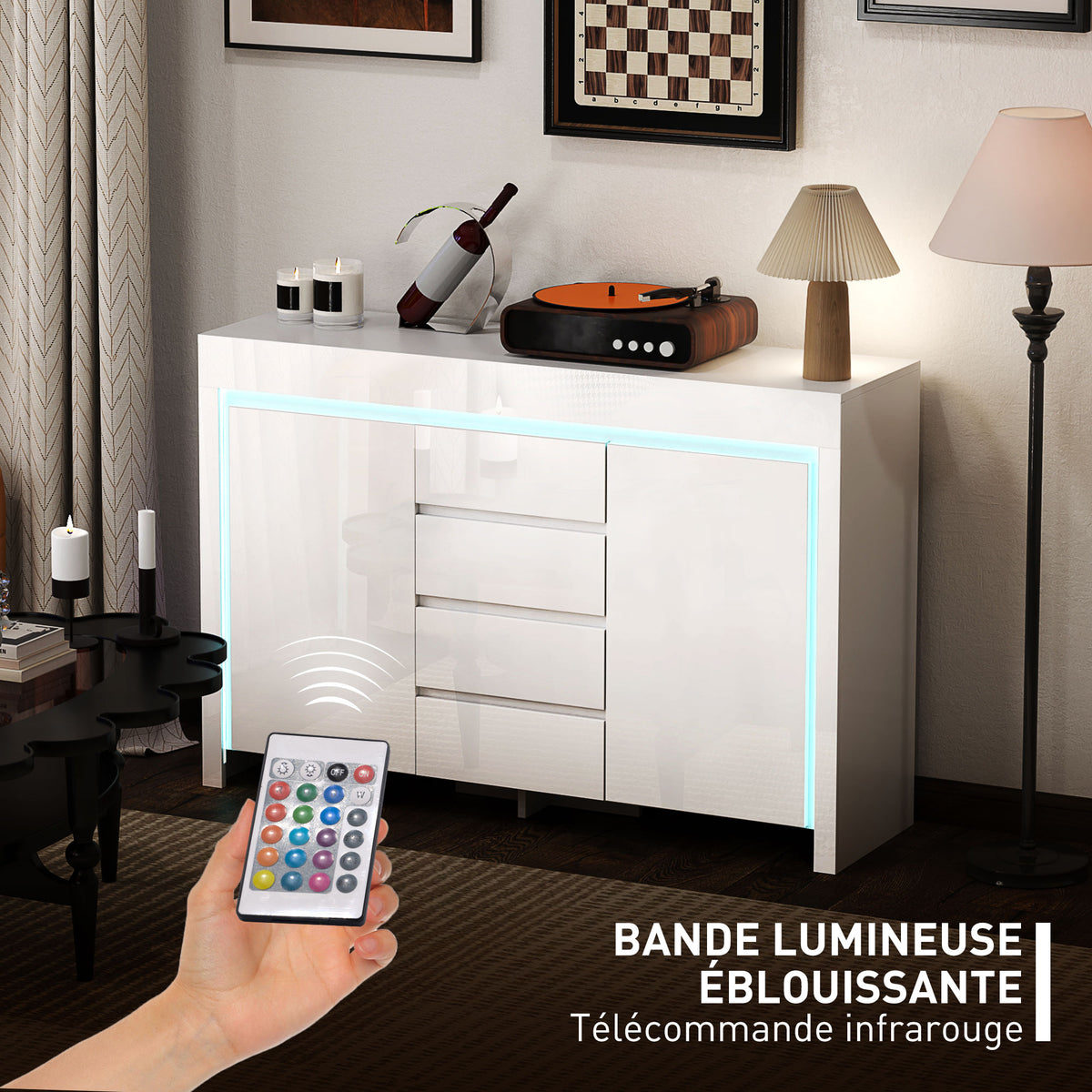 Buffet salon, meuble de rangement avec éclairage LED 4 tiroirs portes à fermeture douce 120 x 34 x 80 cm, blanc brillant-3