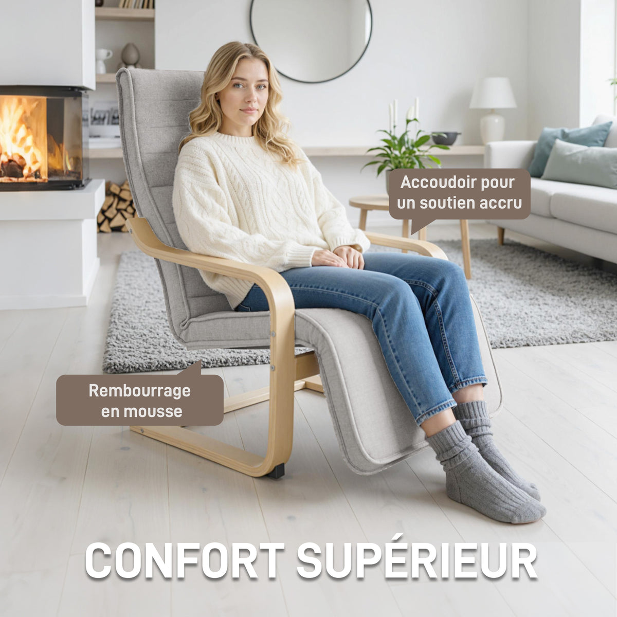 Fauteuil Luxe Confort et Relaxation avec Repose-Pied réglable déhoussable 94 x 66,5 x 100 cm cm Bois Massif Gris Clair-4