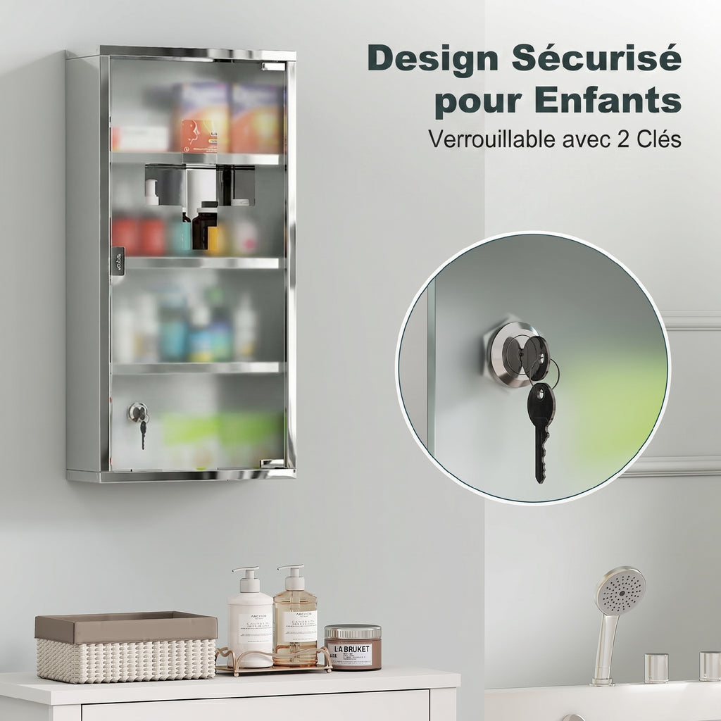 Armoire à Pharmacie 3 étagères 4 Niveaux 30L x 12l x 60H cm Porte Verre trempé Symbole Croix Acier Inoxydable brossé-4