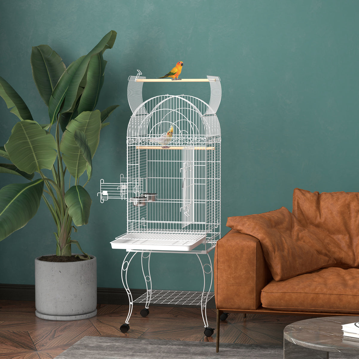 Cage à oiseaux sur roulettes avec étagère plateau amovible 2 bols perchoir acier inoxydable 51 x 51 x 153 cm blanc-1