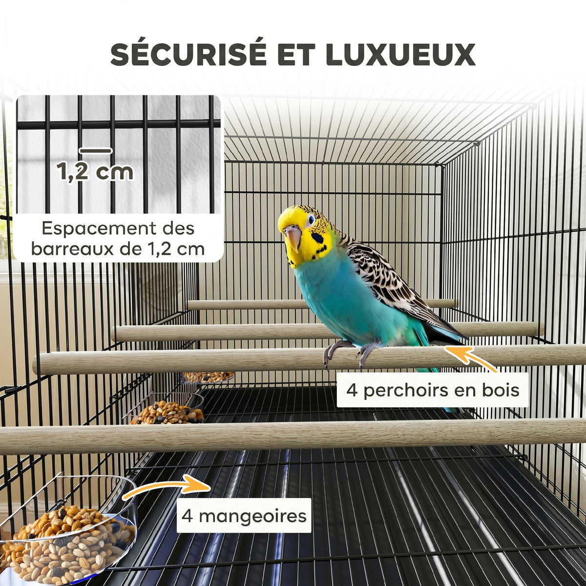 Cage à Oiseaux Volière Intérieur Acier avec Séparateur, 4 Perchoirs, Plateau Coulissant, 4 Mangeoires, 76x46x116cm, Noir-4