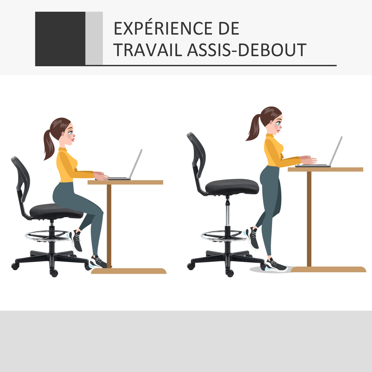 Chaise de bureau assise haute en maille hauteur réglable 50-70 cm avec repose-pied pivotant 360° noir-4