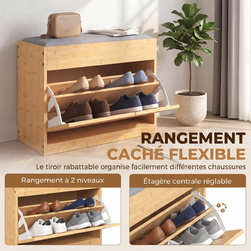Banc chaussures entrée, banc de rangement en bambou, assise rembourrée, porte en rotin et étagère réglable, bois naturel-4