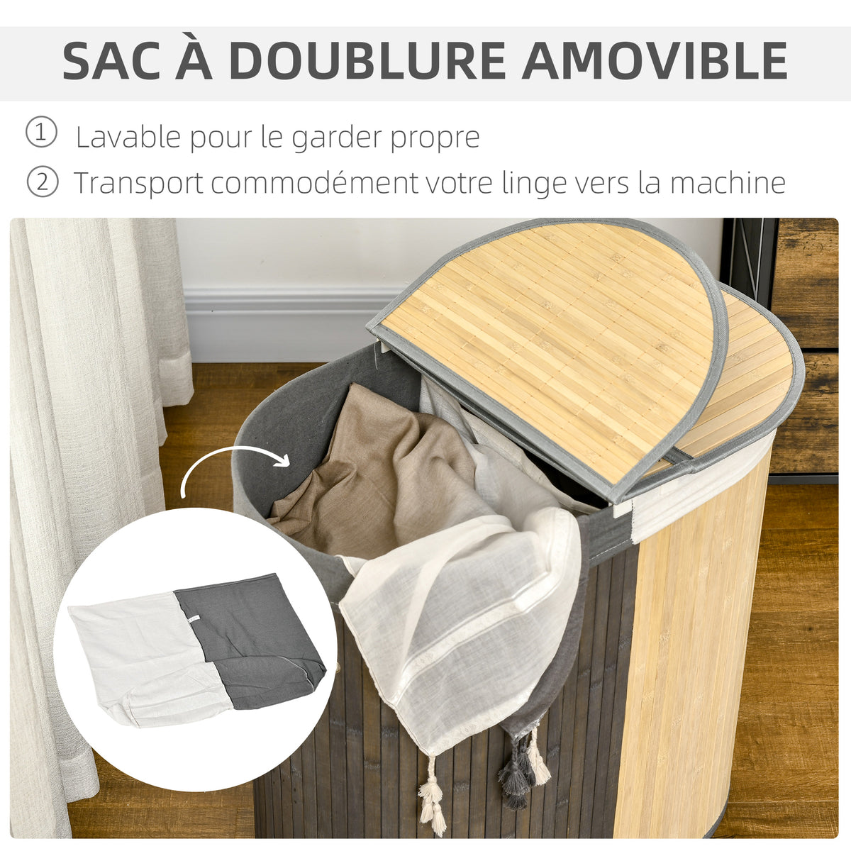 Panier à linge en bambou 100L avec 2 sections couvercle et sac amovible 62,5 x 37 x 60,5 cm - gris-4