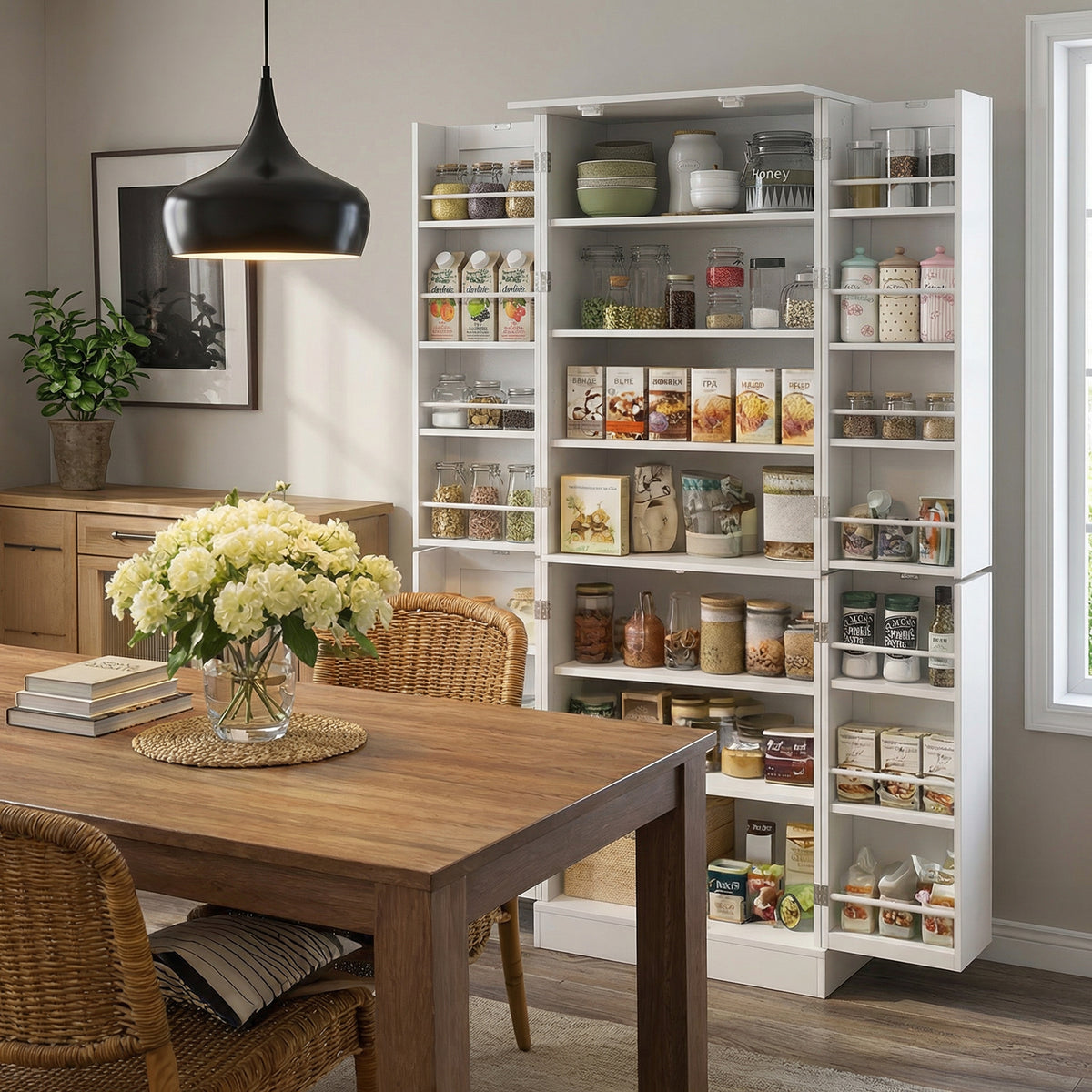 Armoire de cuisine buffet cuisine avec placards, étagère réglable et porte-épices, 60 x 35 x 166 cm, blanc-1