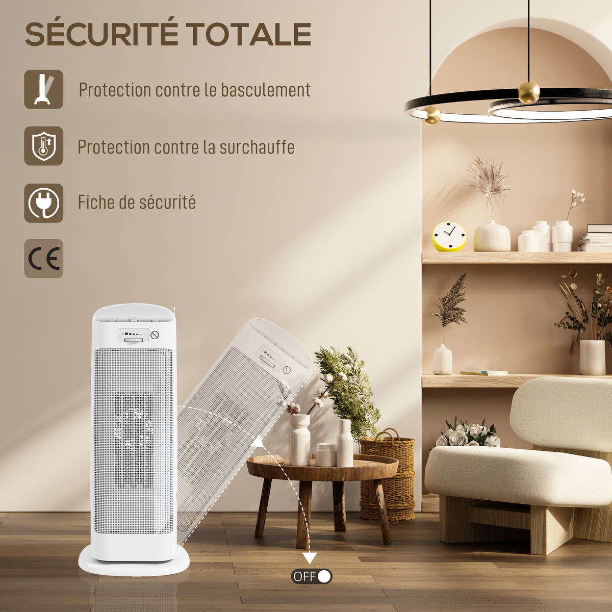 Chauffage d'appoint en céramique 2000 W, radiateur électrique soufflant 4 modes, thermostat réglable, 20x20x49cm, blanc-6