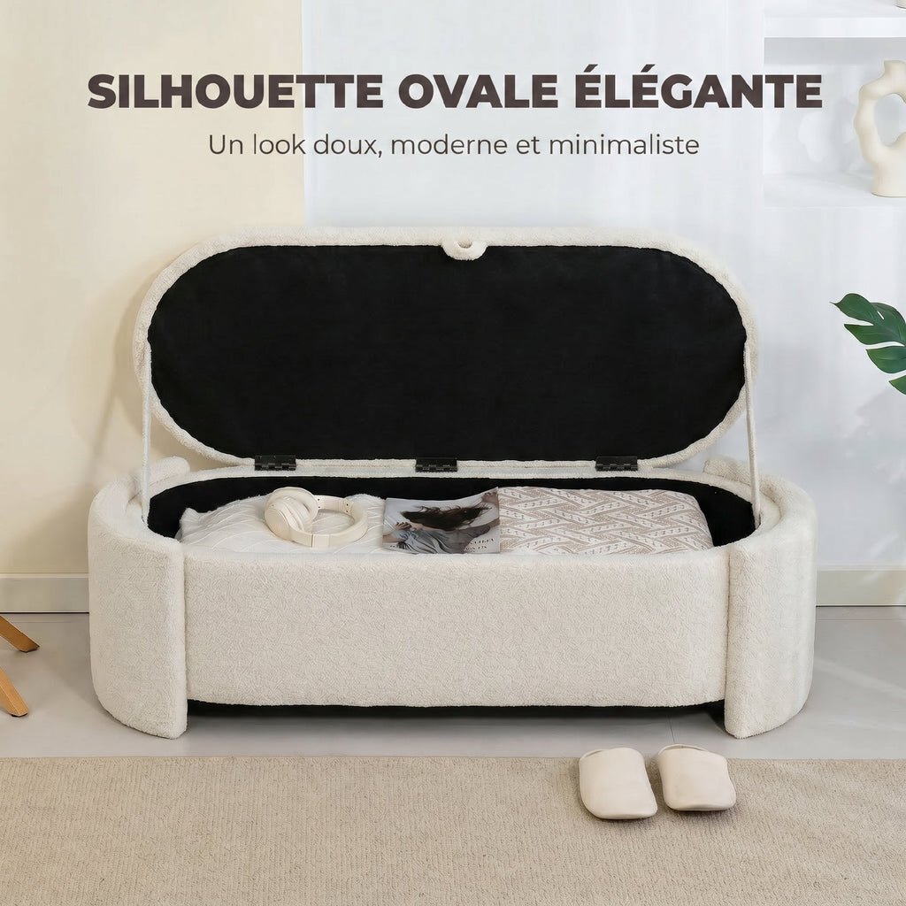 Banc de rangement, bout de lit ovale en polaire Teddy avec assise large, 129 x 48,5 x 44 cm, crème-5