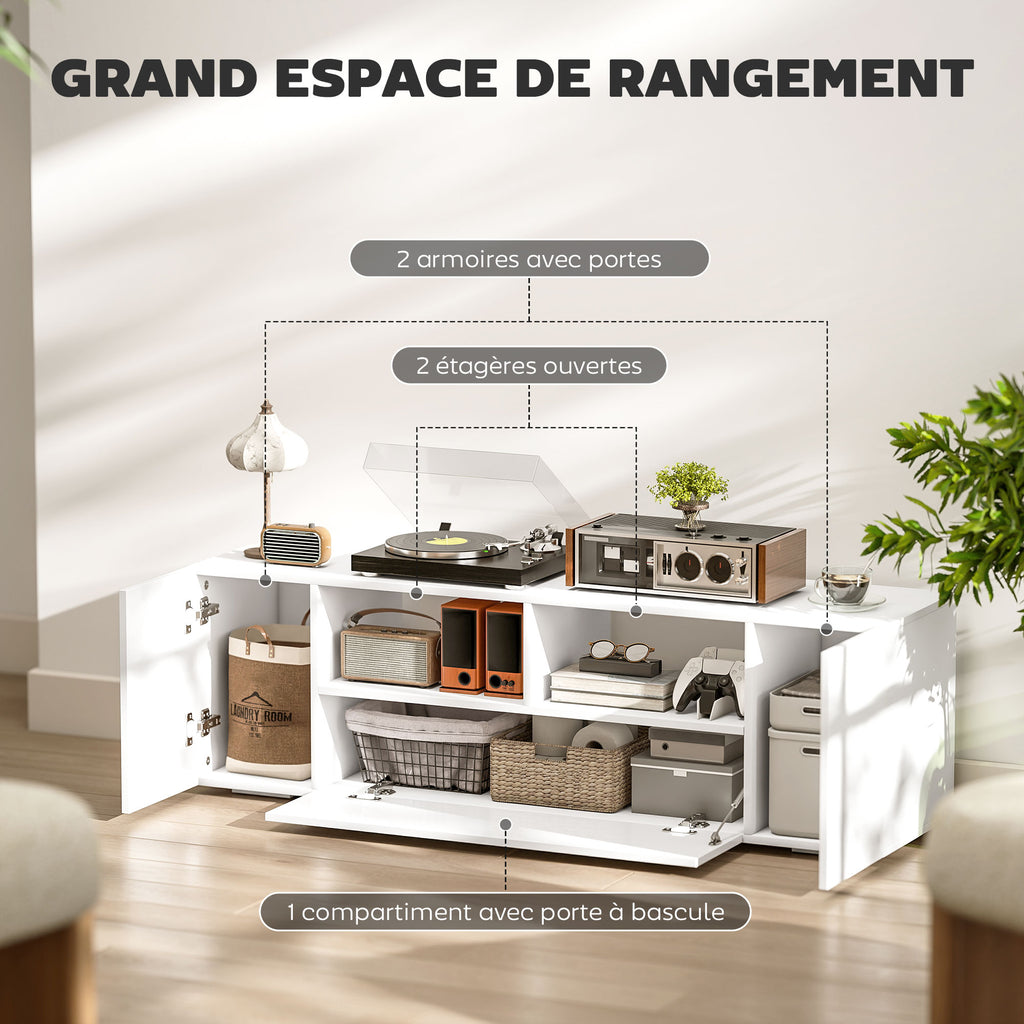 Meuble TV, banc TV, meuble de télévision, jusqu'à 60 pouces, avec lumières LED, 2 étagères et placards, panneau de porte brillant, 137 x 35 x 42 cm, blanc-5