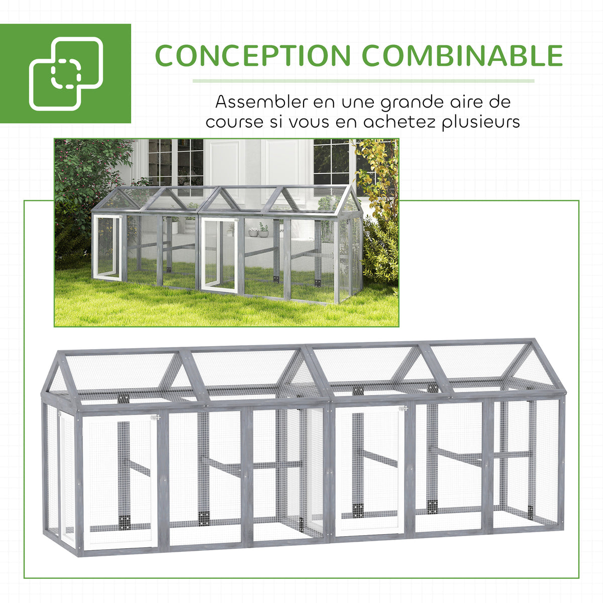 Enclos poulailler 1,18 m², parc grillagé avec porte verrouillables, cadre en bois massif, 140 x 88,5 x 106 cm, gris-6