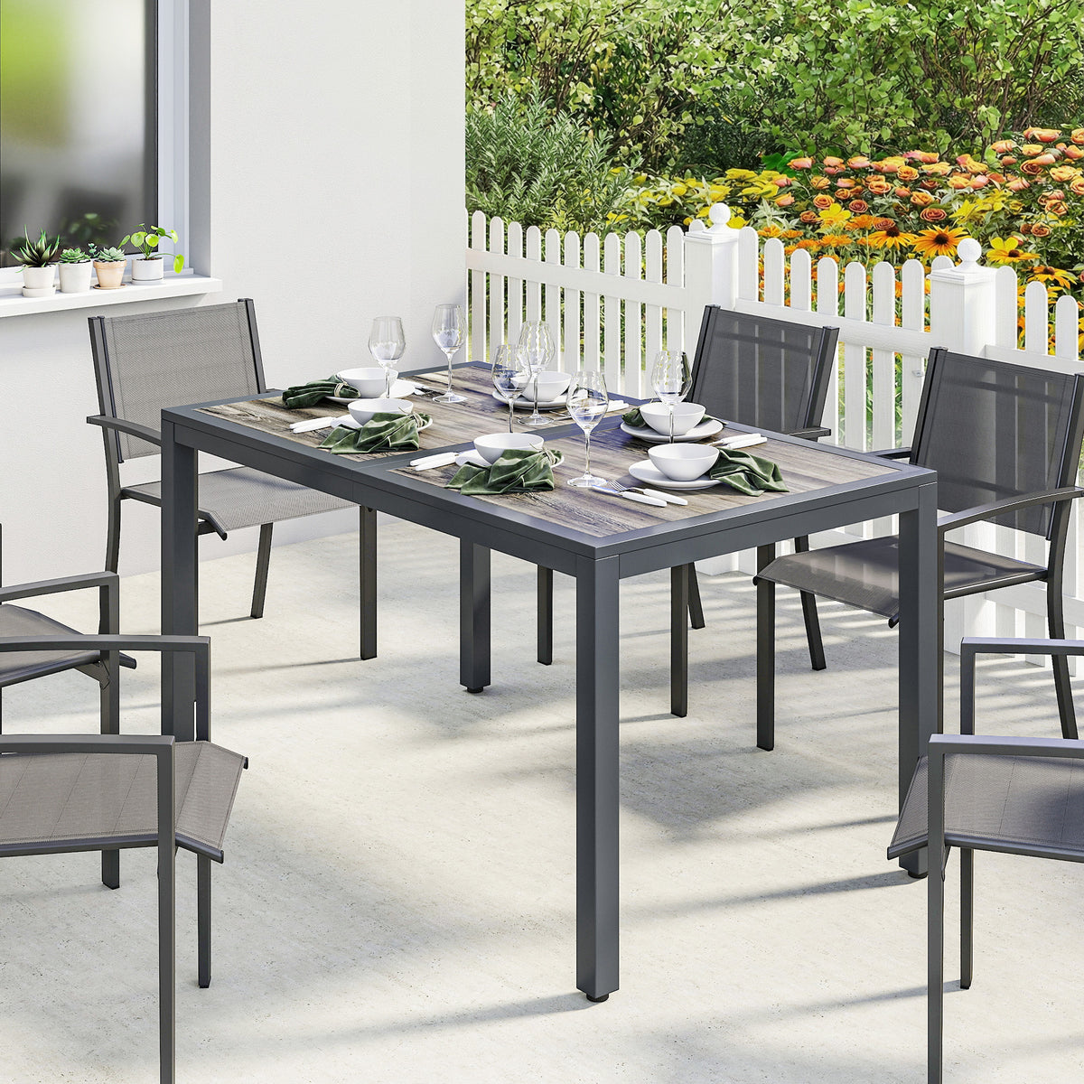 Table de jardin pour 4 à 6 personnes, table à manger extérieure avec plateau à effet bois, 140 x 80 x 72 cm, gris foncé-1
