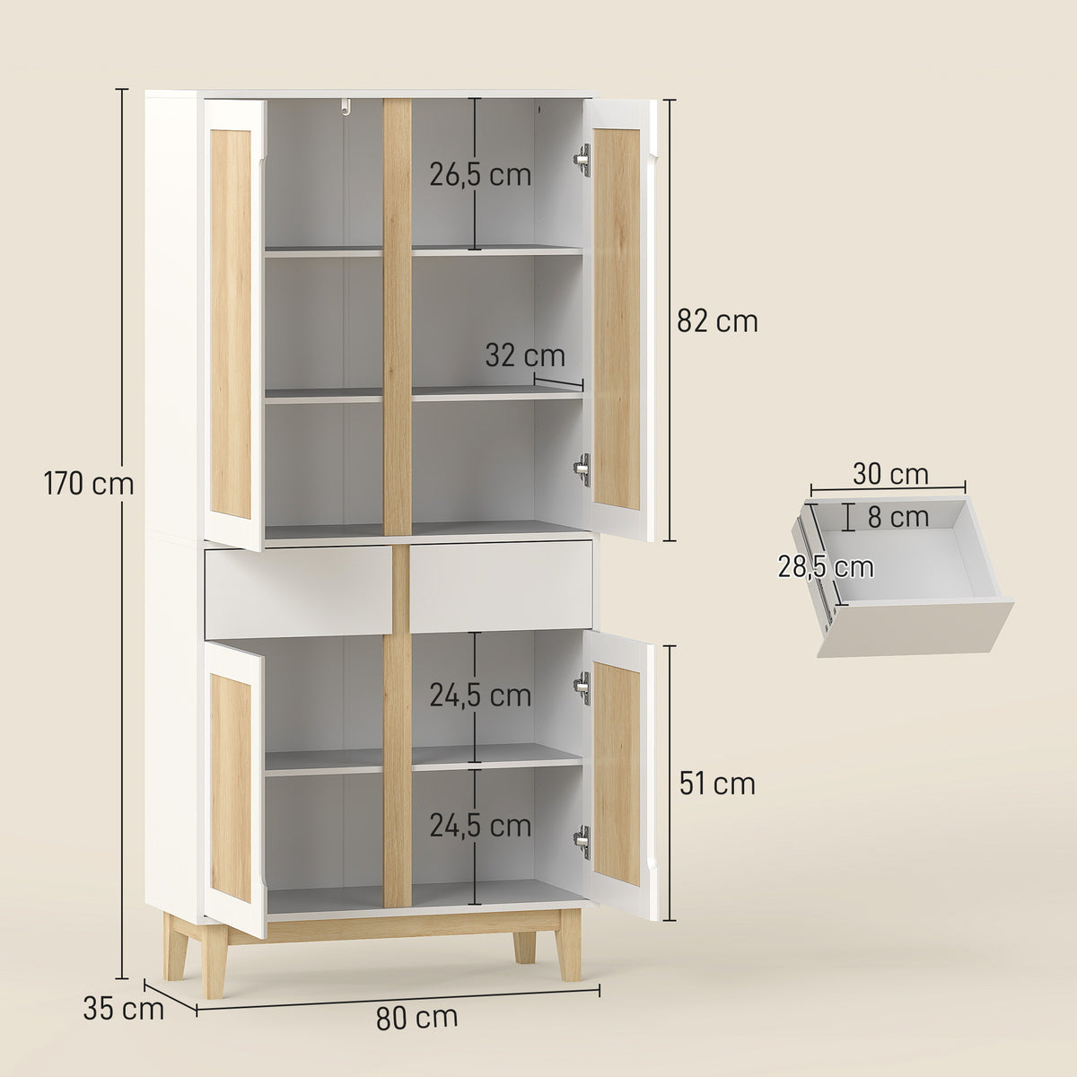 Buffet haut cuisine, armoire de cuisine avec 4 portes, 2 tiroirs et étagères réglables, 80x35x170cm, blanc et chêne-2