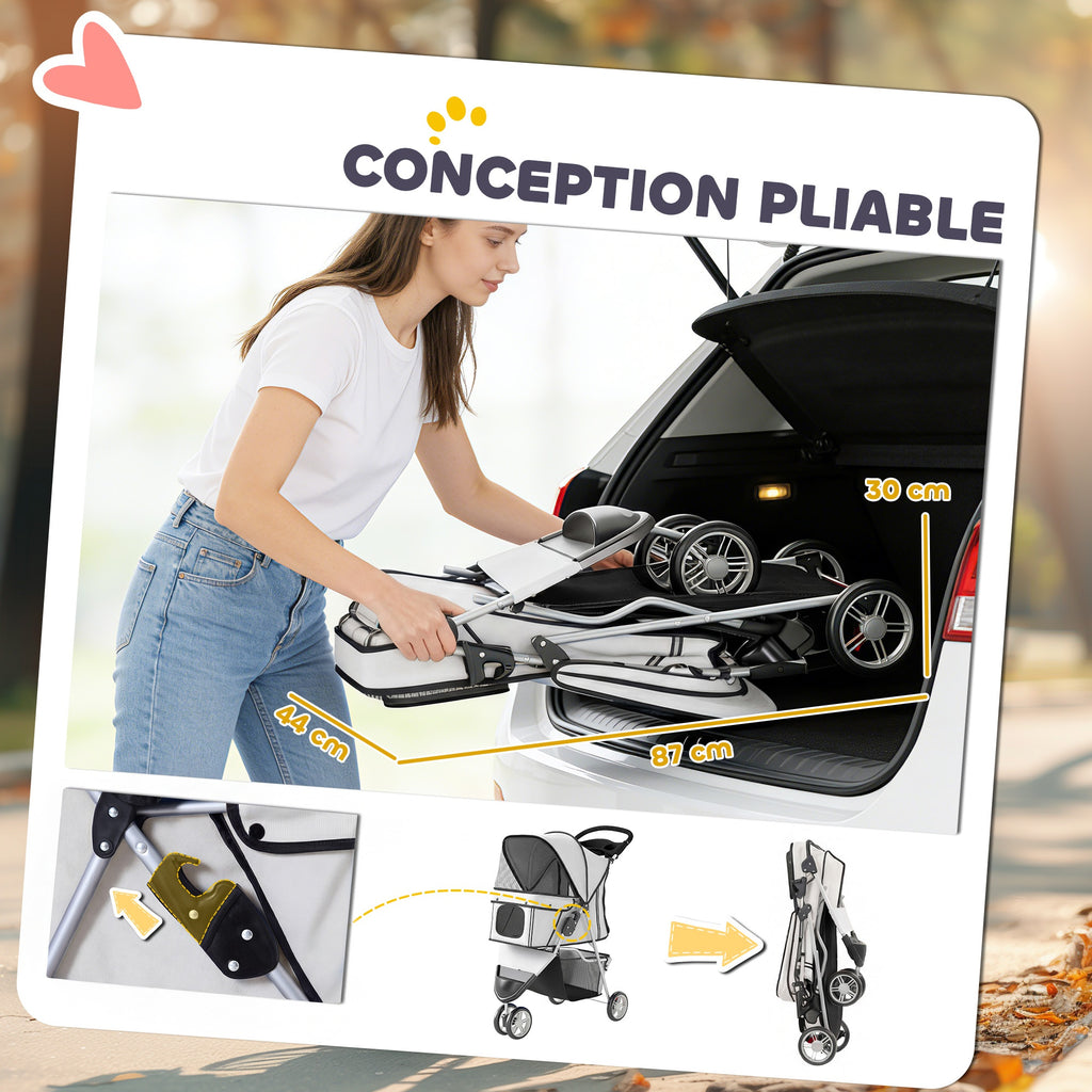 Poussette pour Chien 4 Roues, Chariot Pliable avec Auvent Réglable, Panier de Rangement, 77x44x102cm, Gris-4