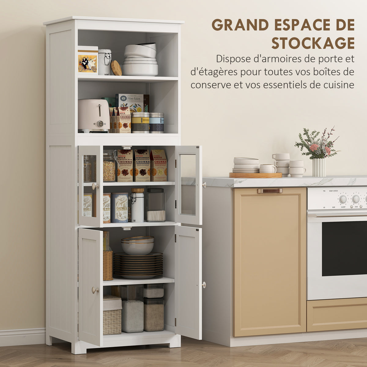 Armoire de cuisine buffet cuisine vaisselier meuble de rangement avec 2 niches, 2 placards avec 4 portes dont 2 portes vitrées, étagère réglable - dim. 60I x 30P x 162H cm blanc-3