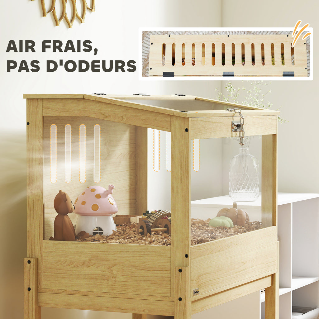 Cage à hamster en bois surélevée avec plateau de rangement couvercle ouvrable 83,2 x 50 x 103 cm effet bois naturel-6
