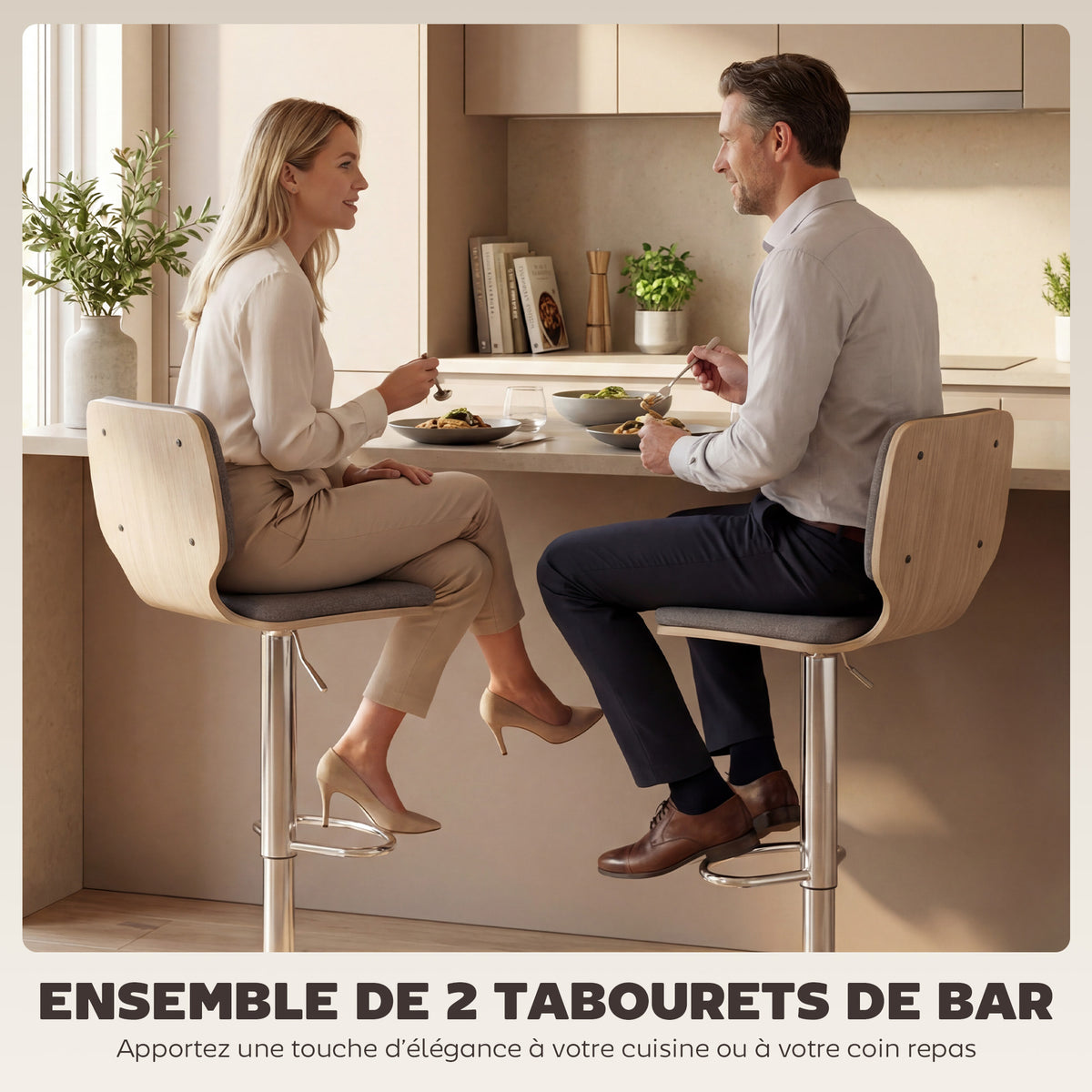 Lot de 2 tabourets de bar chaises de bar réglable en hauteur dossier repose-pieds pivotant 360° 41x47,5x81-102cm gris-3
