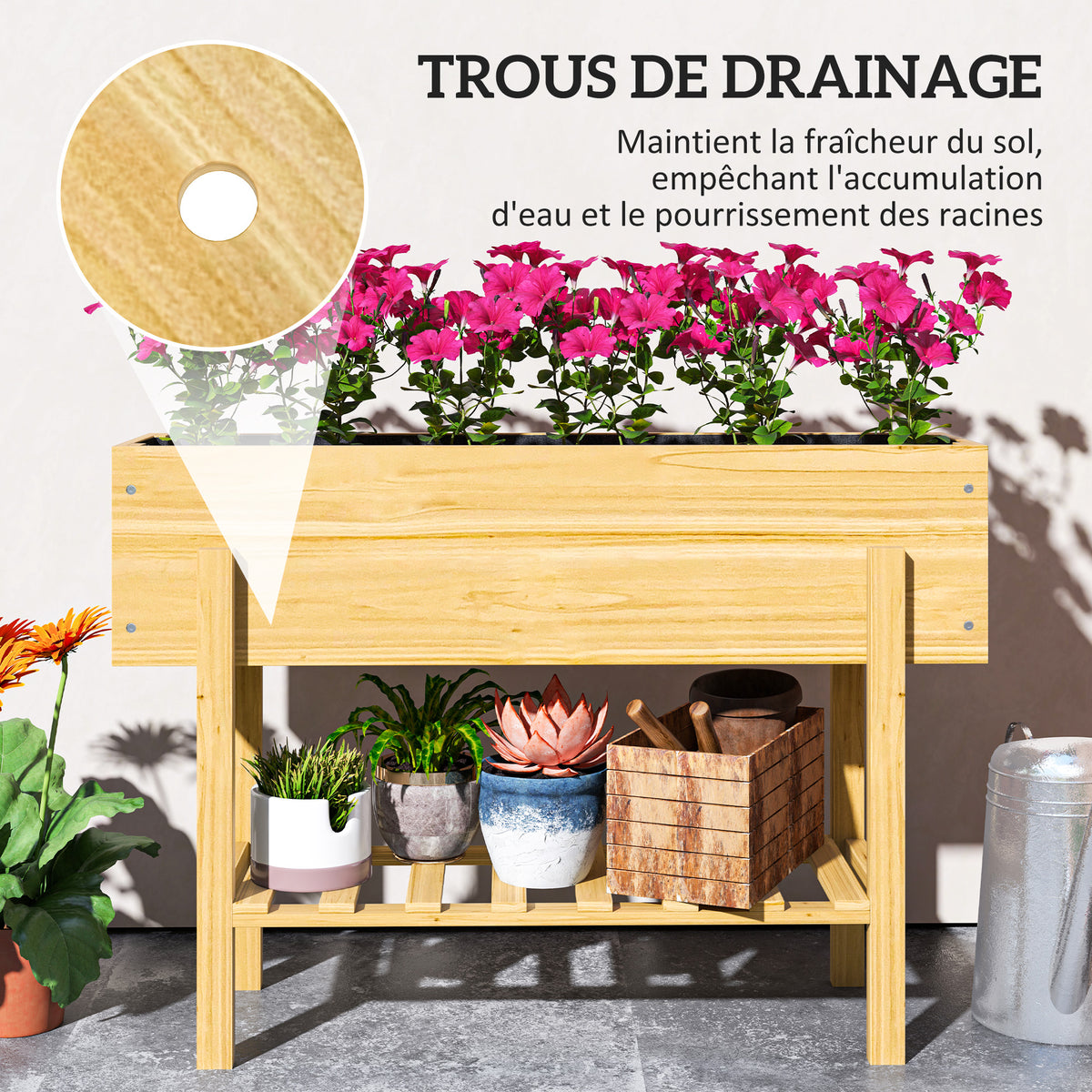 Jardinière sur pieds carré potager de jardin sur pieds avec 2 trous de drainage en bois 100 x 30 x  70,5 cm bois naturel-4