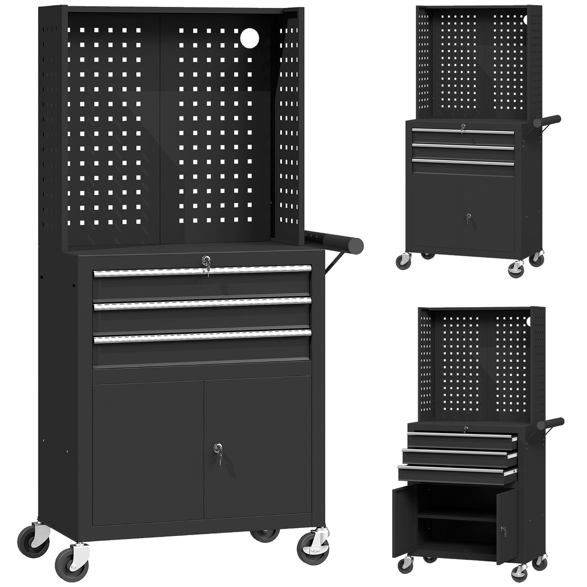 Servante d'atelier en acier à 3 tiroirs, chariot à outils sur roulettes, étagère réglable, panneau perforé, noir-0