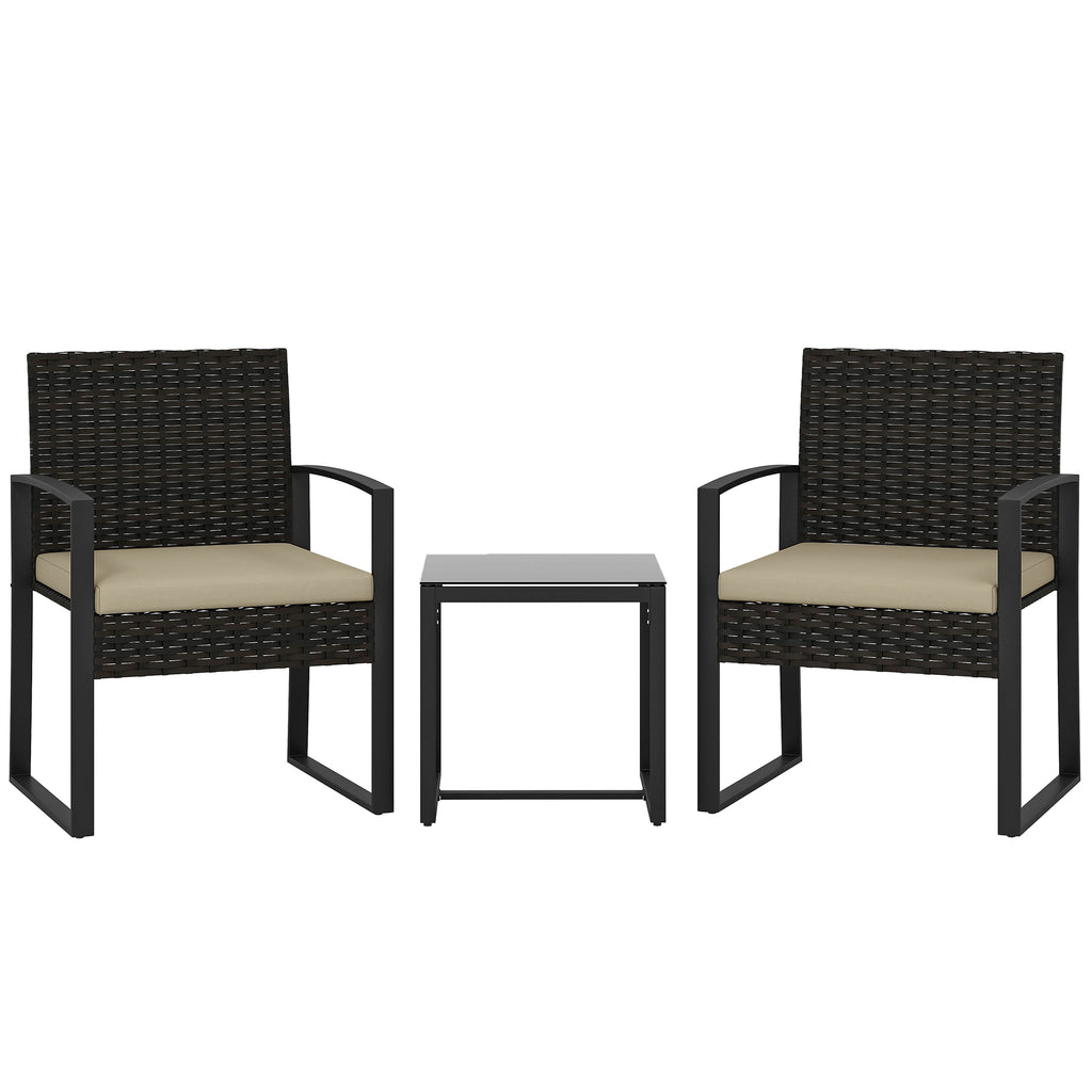 Salon de jardin extérieur en résine tressée 2 personnes, table de jardin avec 2 chaises, plateau en verre trempé, marron-0