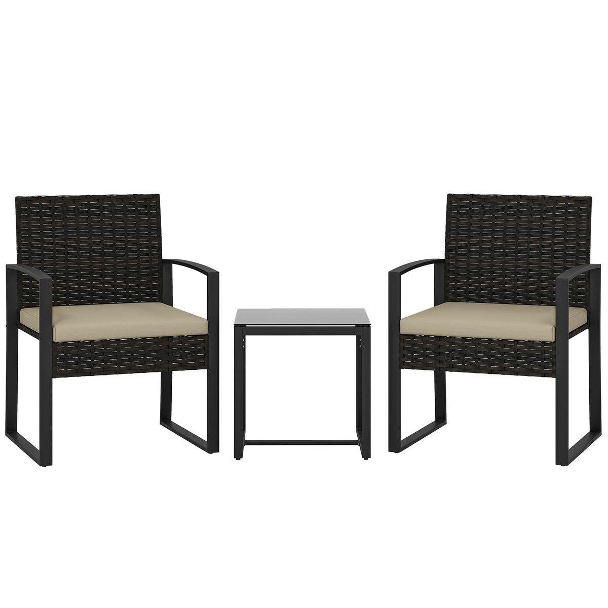 Salon de jardin extérieur en résine tressée 2 personnes, table de jardin avec 2 chaises, plateau en verre trempé, marron-0
