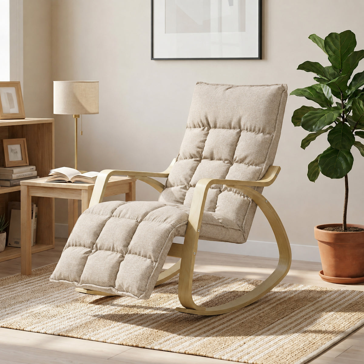 Fauteuil à Bascule avec Repose-Pieds Ajustable, Rocking Chair avec Pieds en Bois de Bouleau, 67x93x105cm, Marron Clair-1
