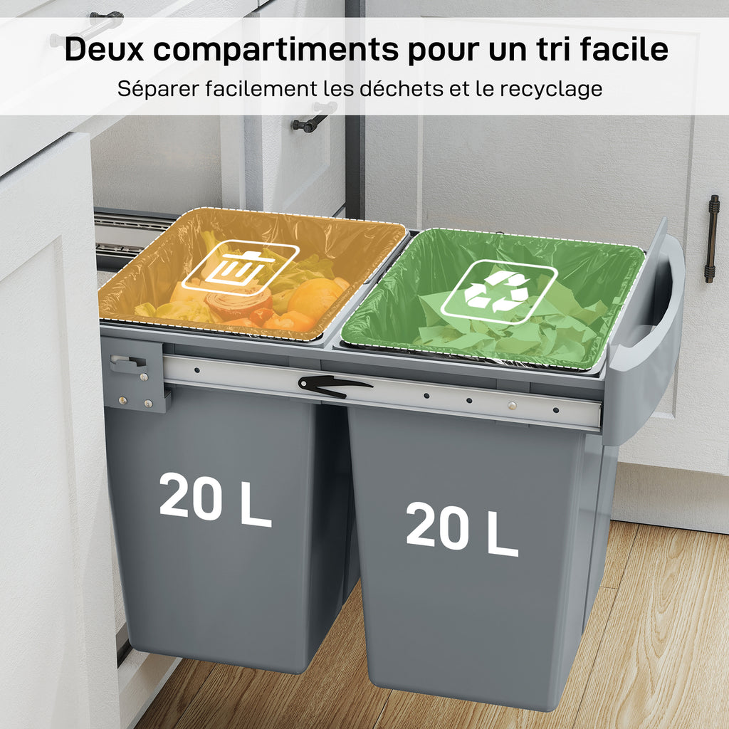 Poubelle cuisine, poubelle sous évier coulissante encastrable avec 2 x 20 L compartiments amovibles, 52x33,5x41cm, gris-4